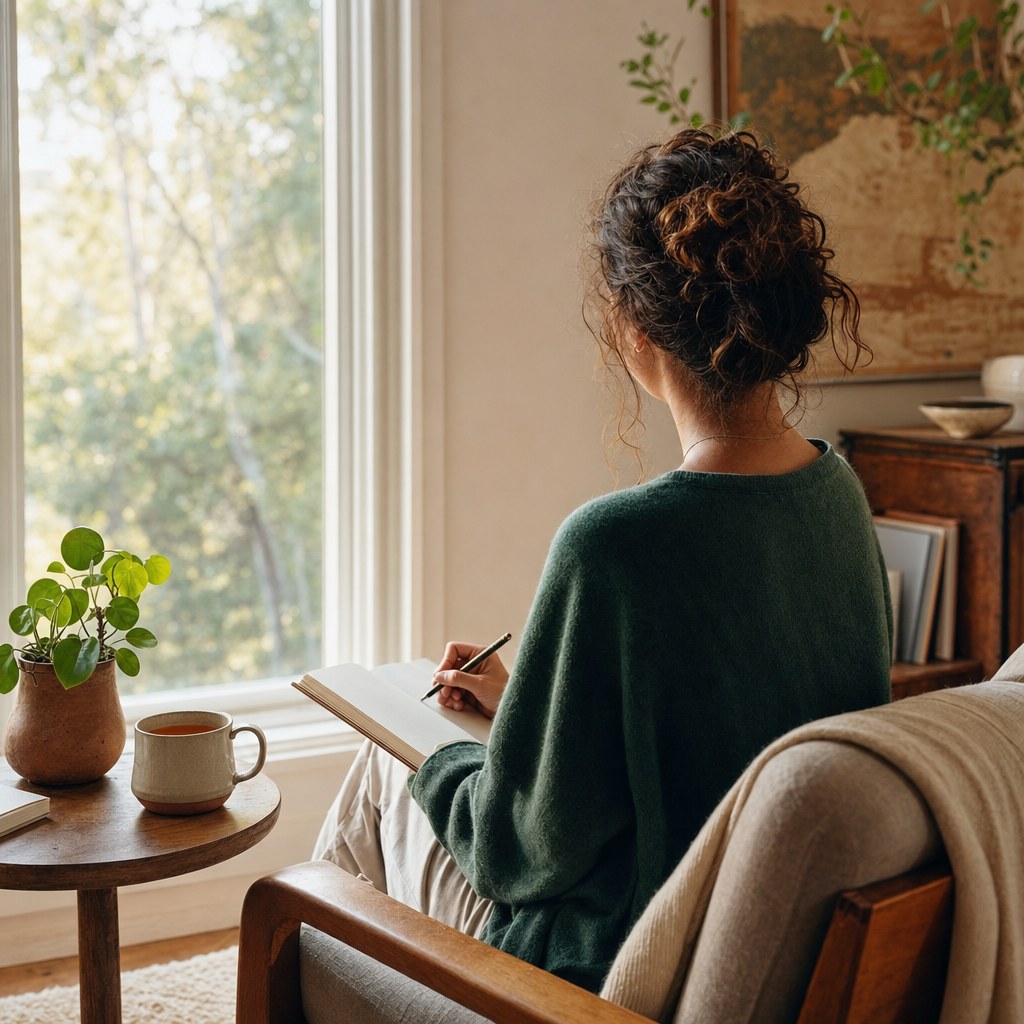 Person journaling beside tea and a plant in a sunlit room
