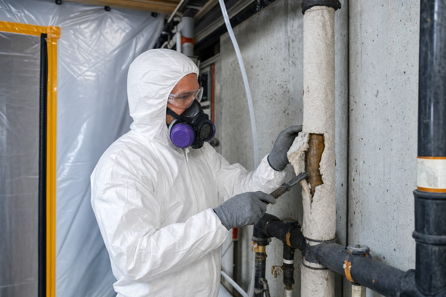 Technician safely removing old pipe insulation in a sealed work area