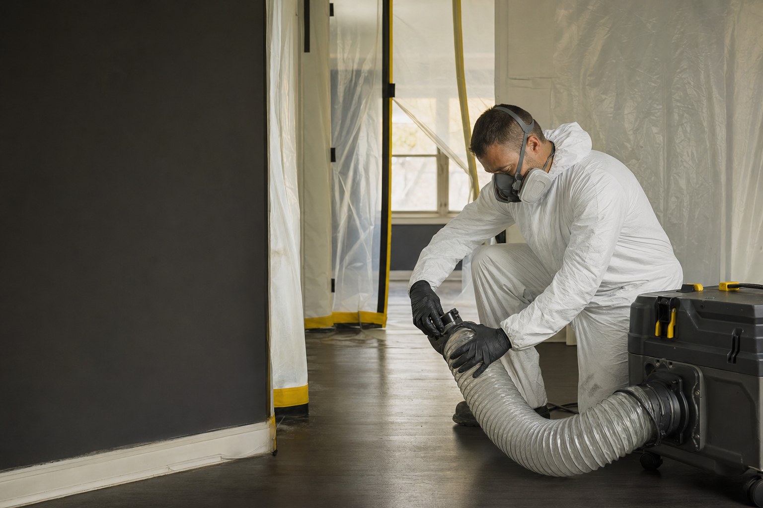 Remediation technician setting up containment equipment in a home