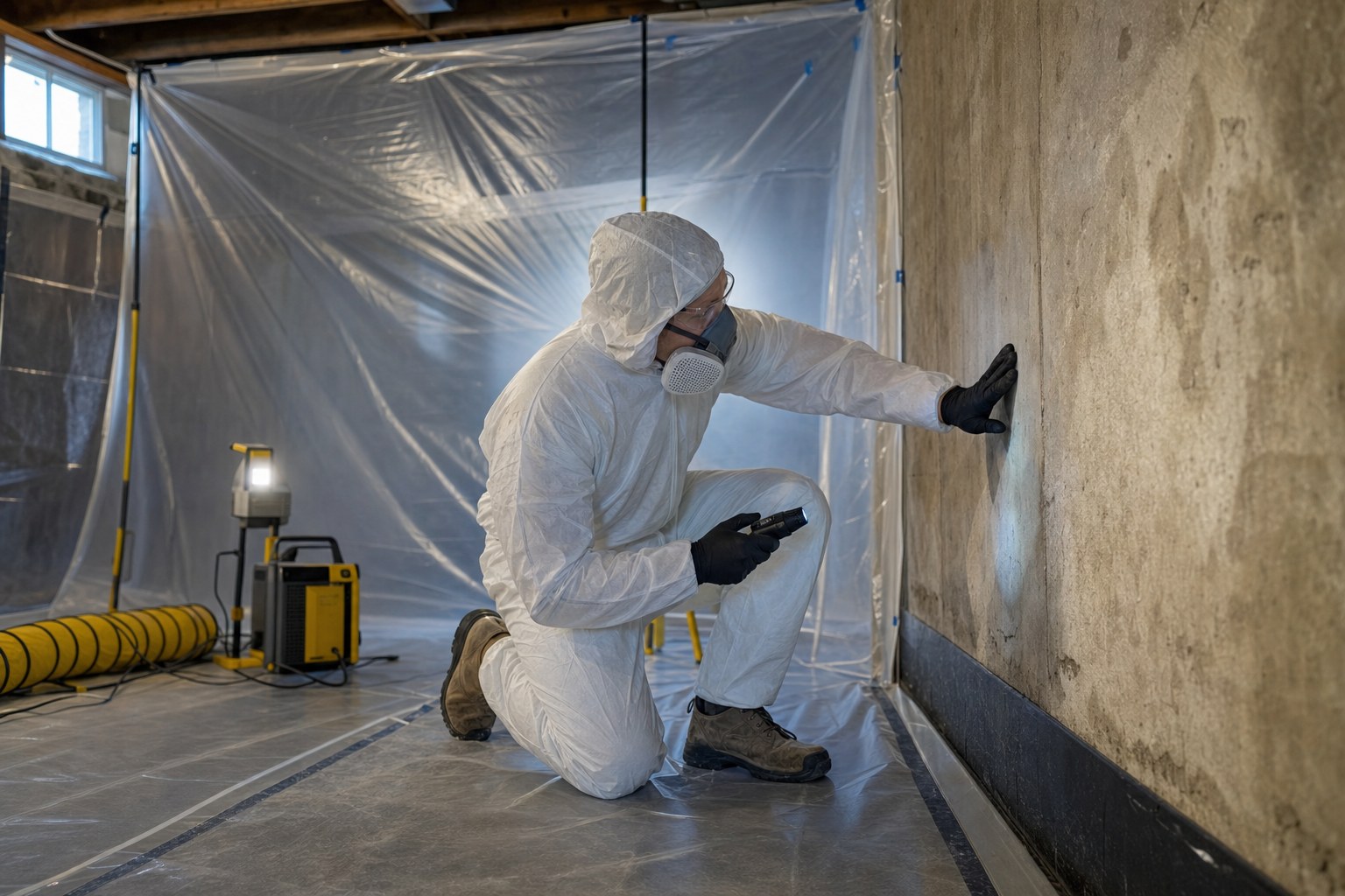 Technician assessing a contained wall during mold remediation