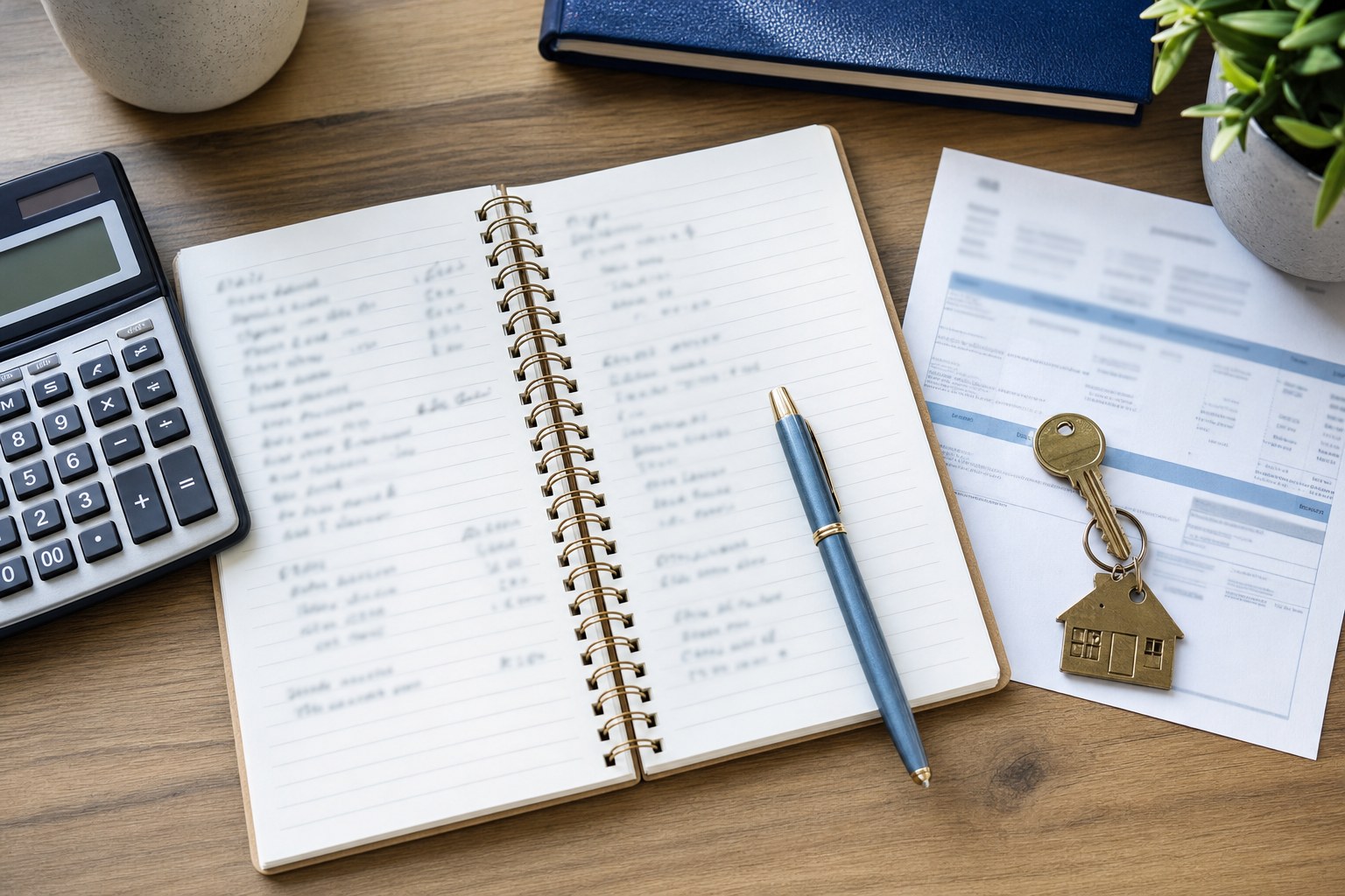 Household budget notebook, calculator, policy papers, and house key on a desk