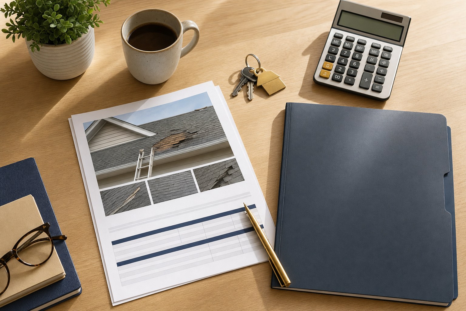 Home insurance review desk with calculator and house keys