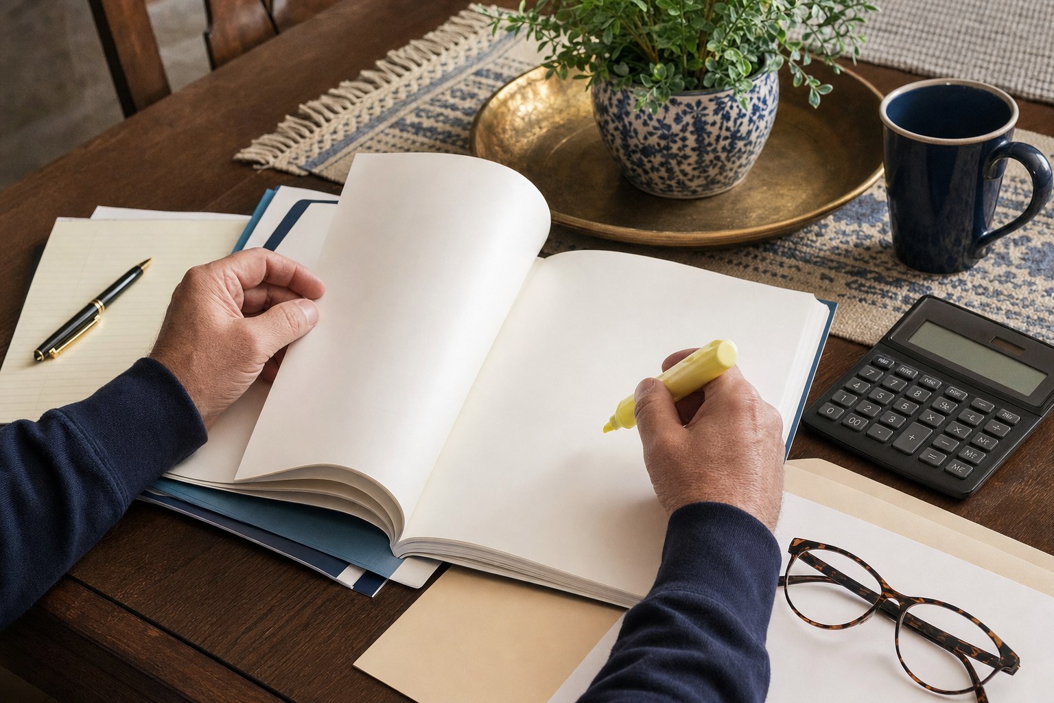 Homeowner reviewing a policy booklet with a highlighter and calculator