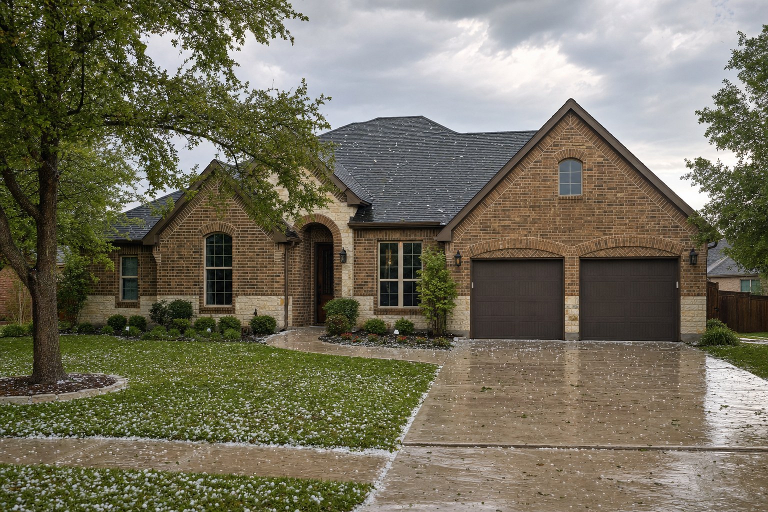 Texas brick home after a hailstorm with wet driveway and clearing clouds