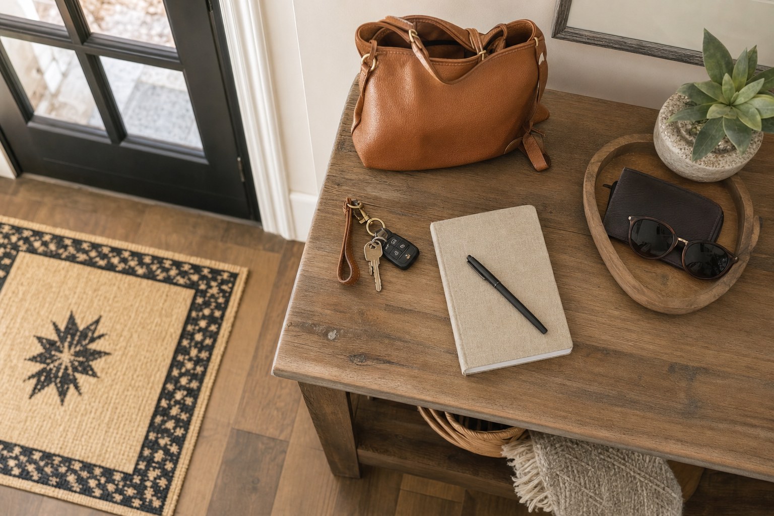 Home keys and everyday belongings on a warm wood entryway table