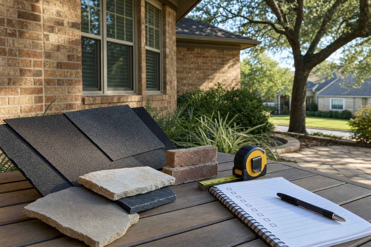 Texas home materials, roofing samples, and measuring tape for a rebuilding review