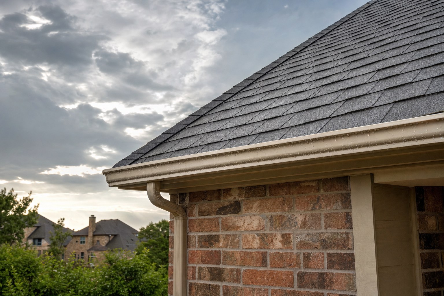Texas suburban roof and gutter beneath clearing storm clouds