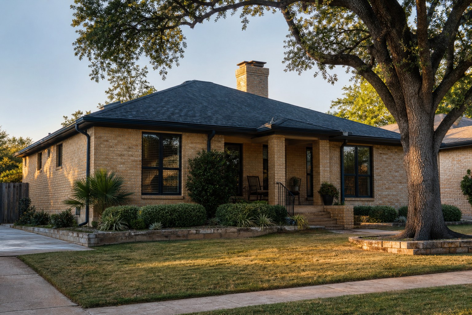 Texas brick home beneath a mature oak tree