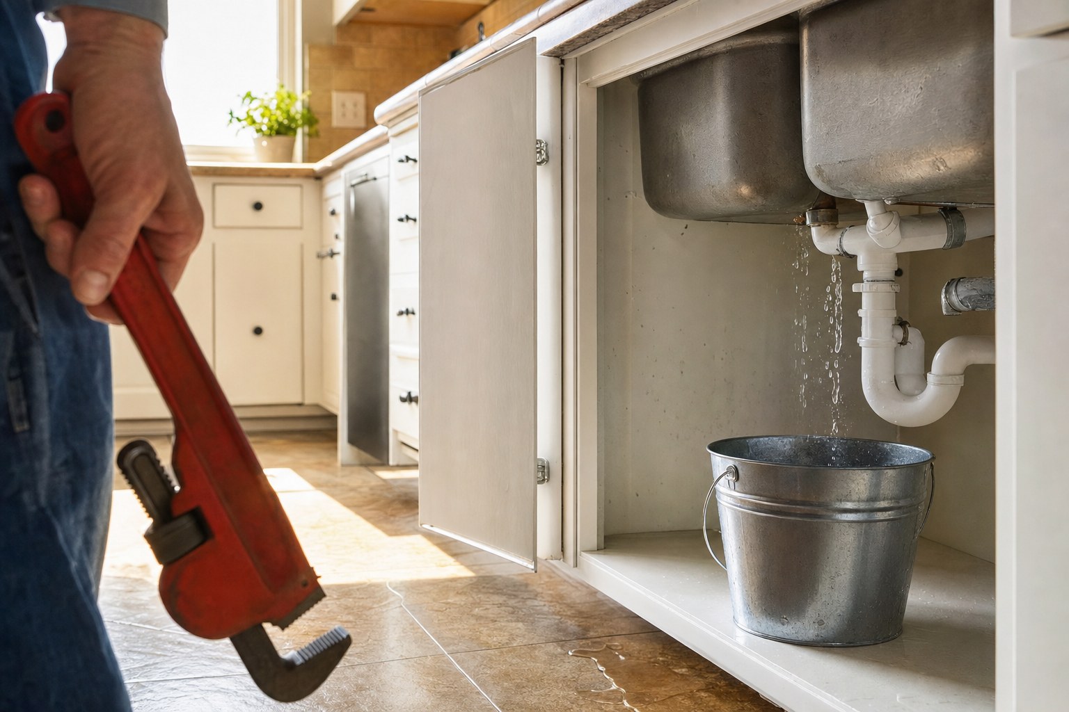 Water leaking beneath a kitchen sink with a bucket ready below