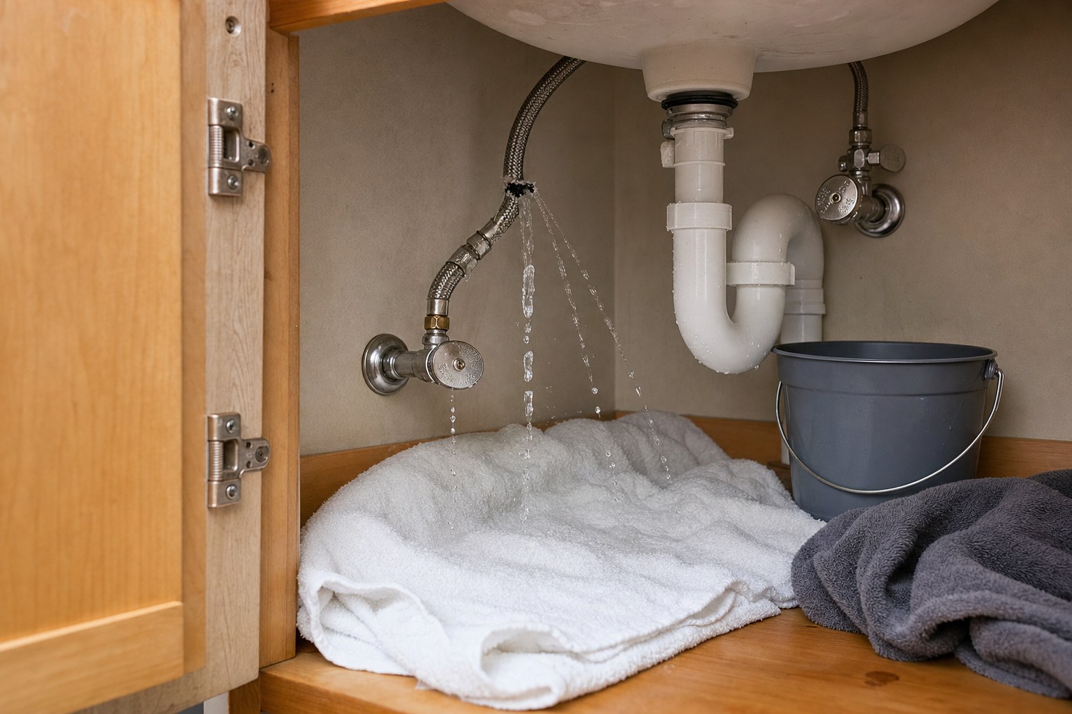 Leaking water supply hose beneath a bathroom sink with towels and a bucket