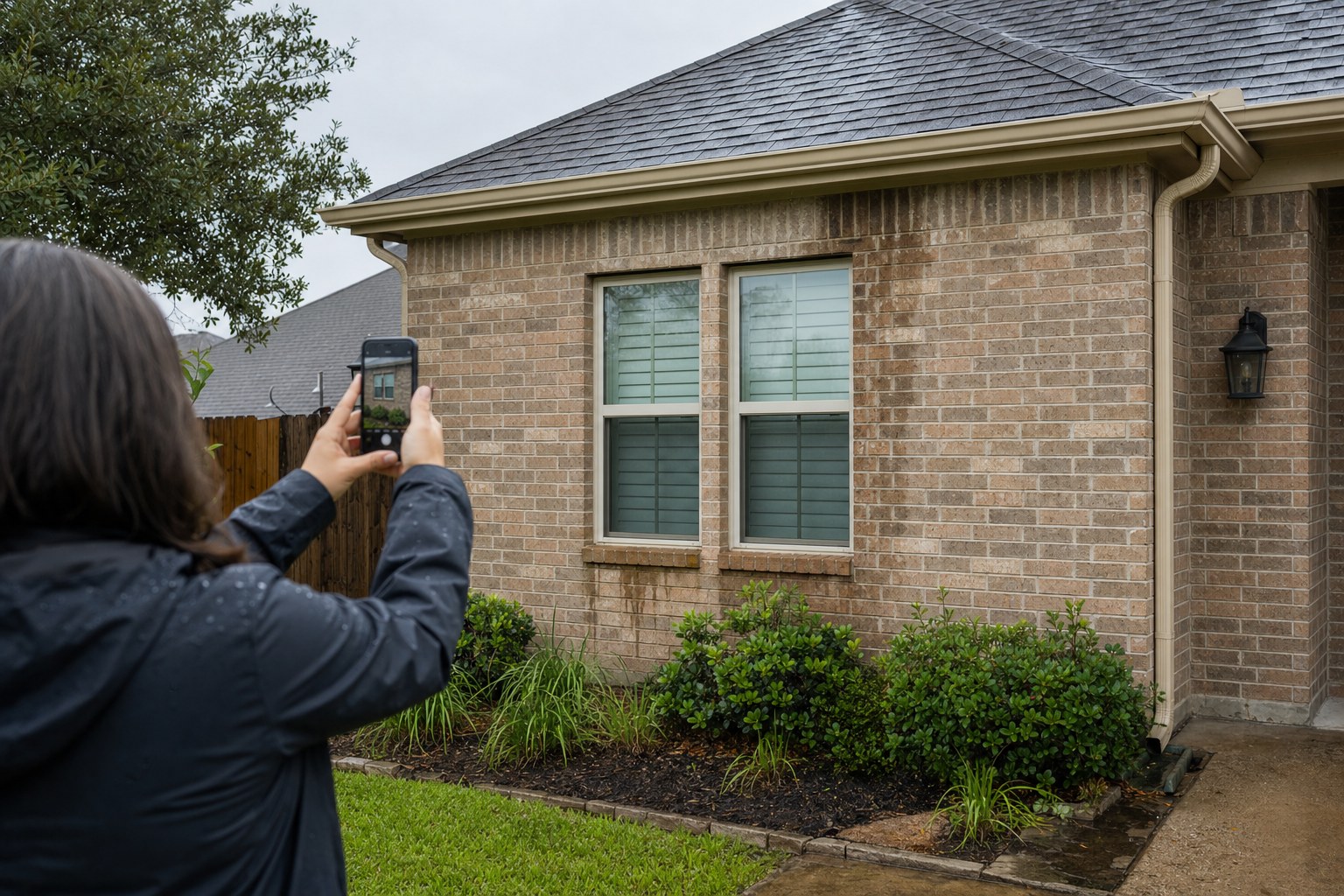 Homeowner photographing a Texas brick home after rain