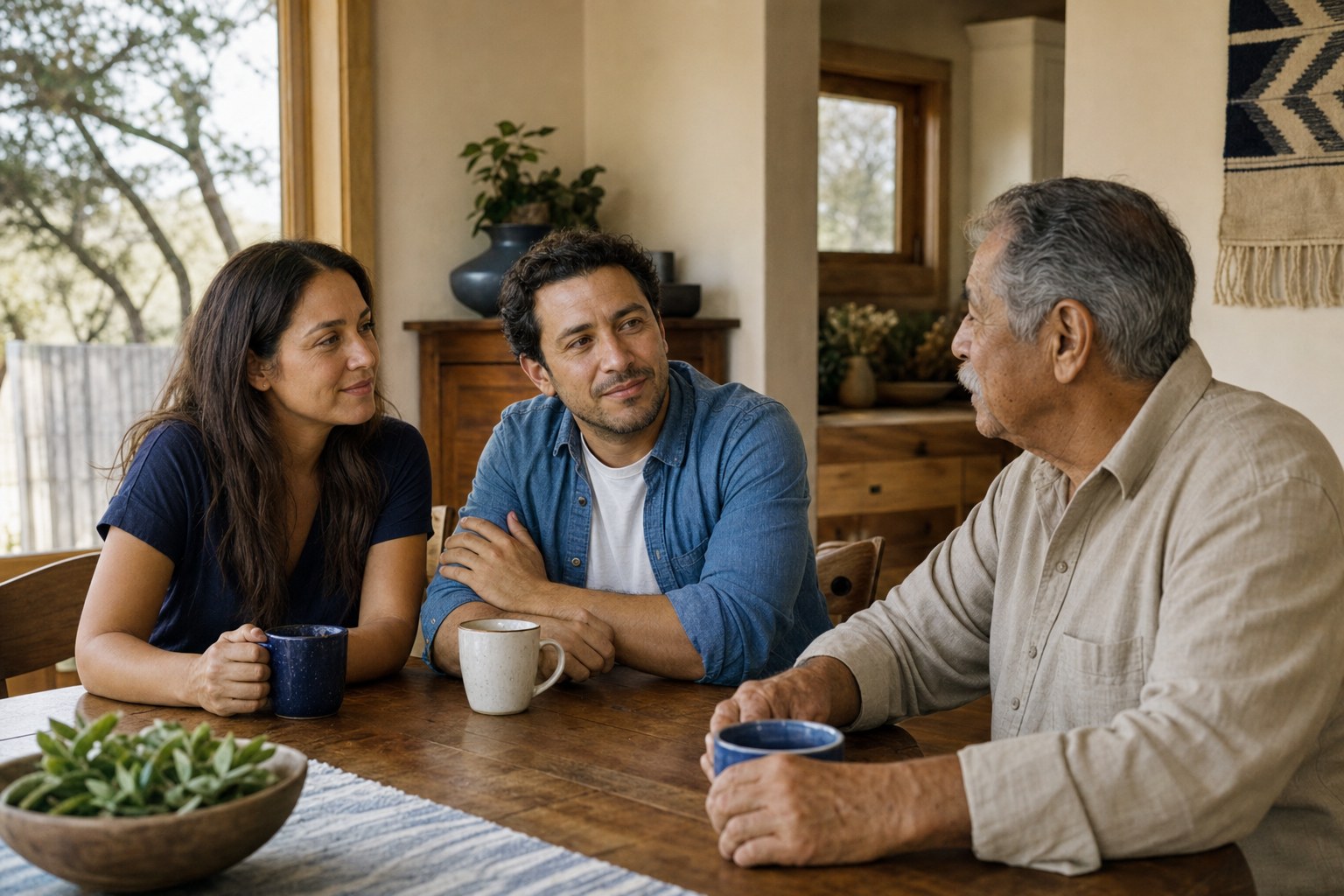Family sharing a conversation at home