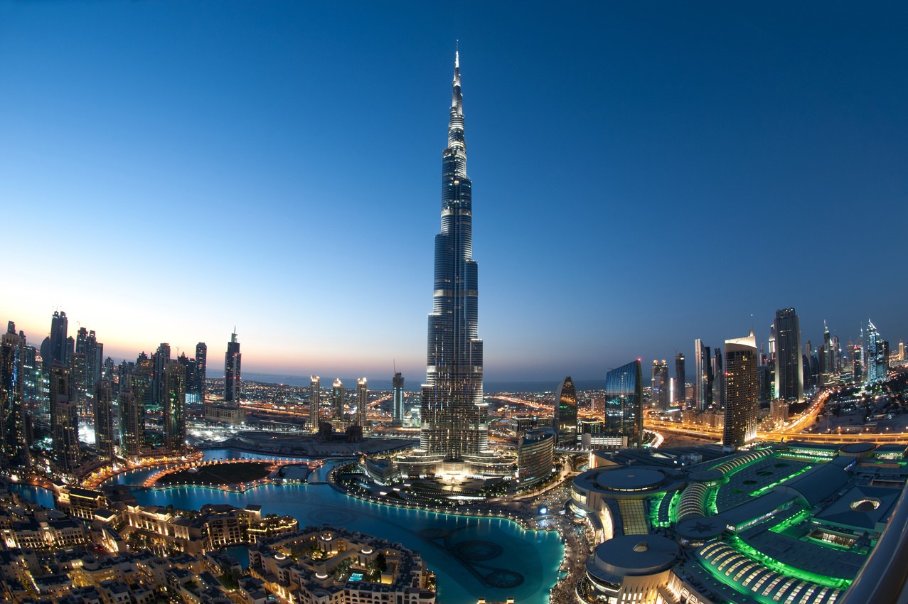 Dubai skyline and Burj Khalifa from the international program brochure