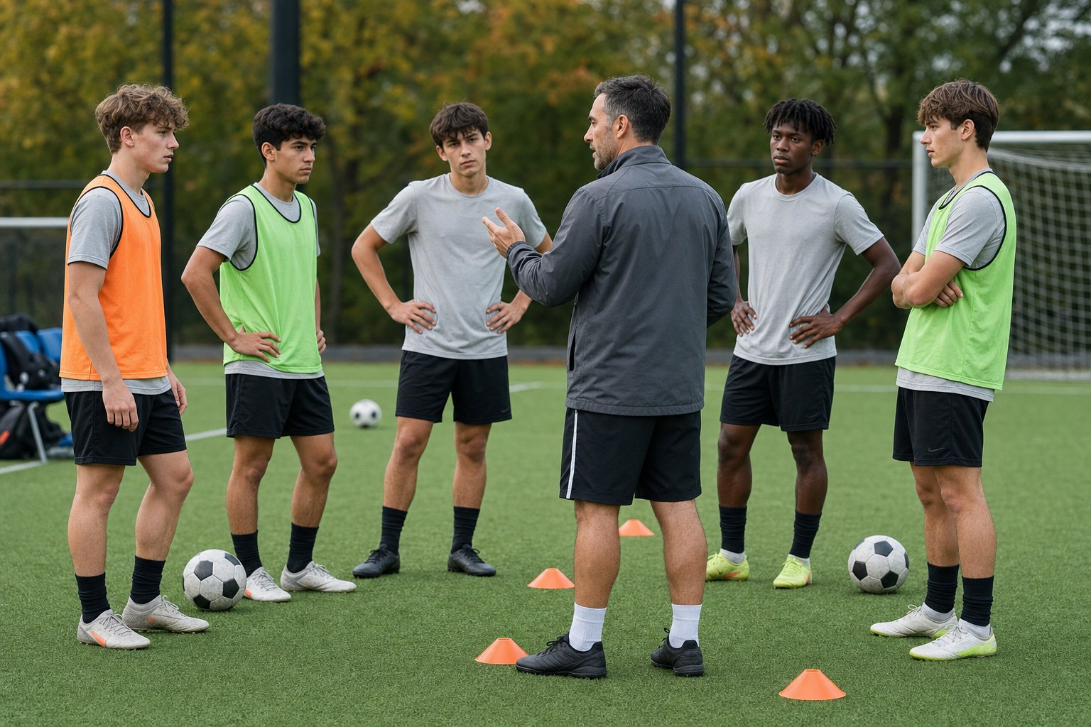 Soccer coach giving instructions to teenage players before a tryout session