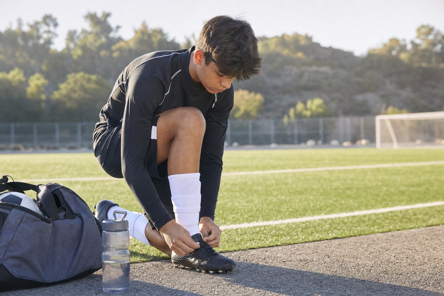 Teenage soccer player tying cleats before a tryout session