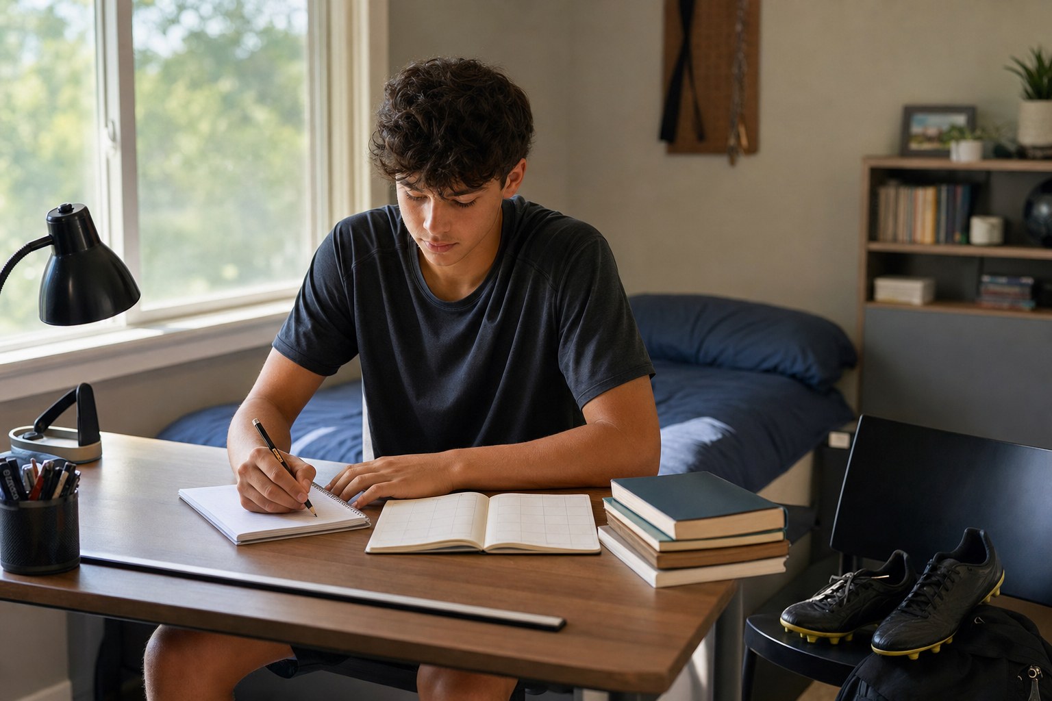 Student-athlete preparing a school and training plan at a desk