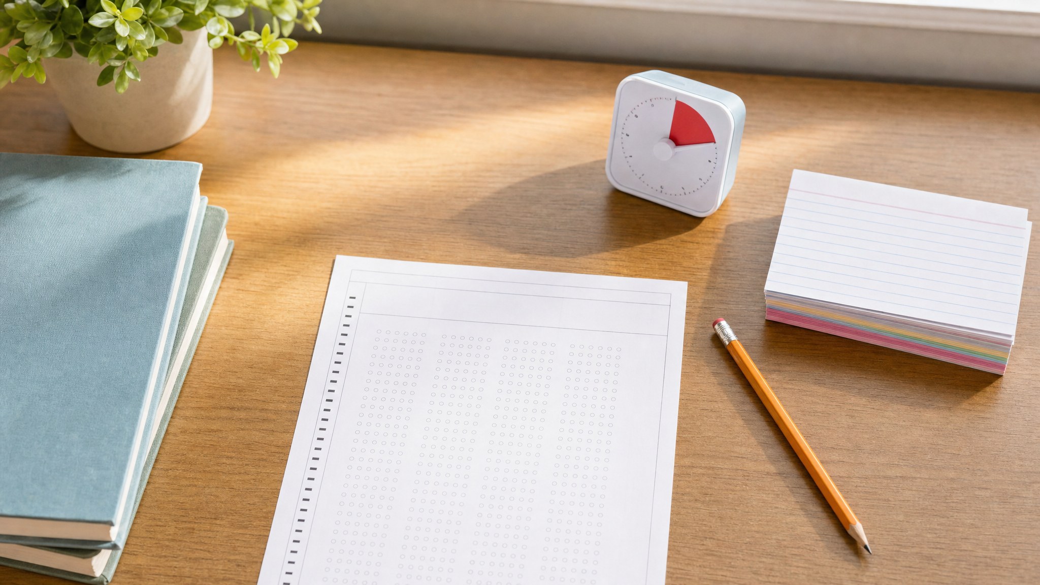 Study materials arranged for test preparation on a desk