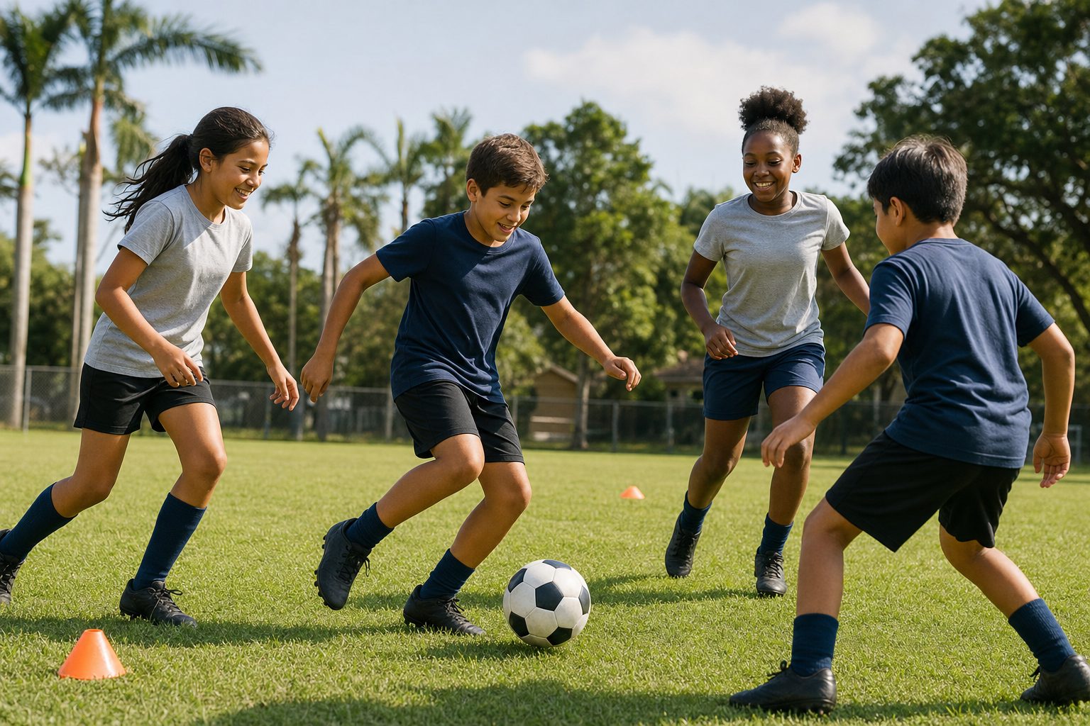 Illustrative scene of children enjoying a community soccer game