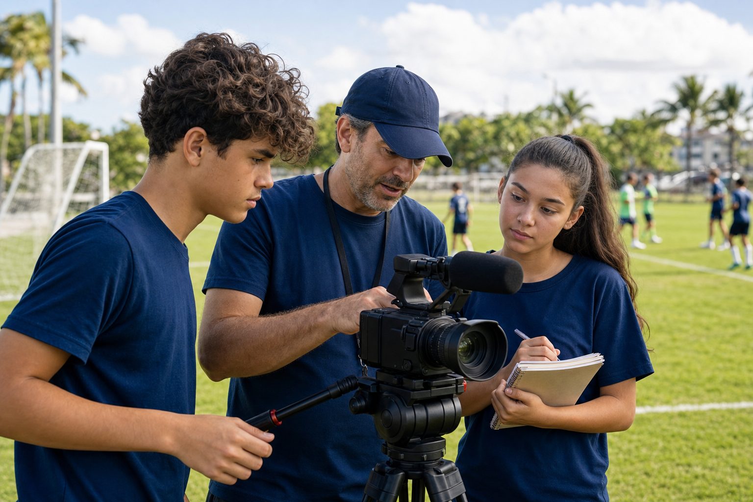 Illustrative scene of teenagers learning sports camera work with a mentor
