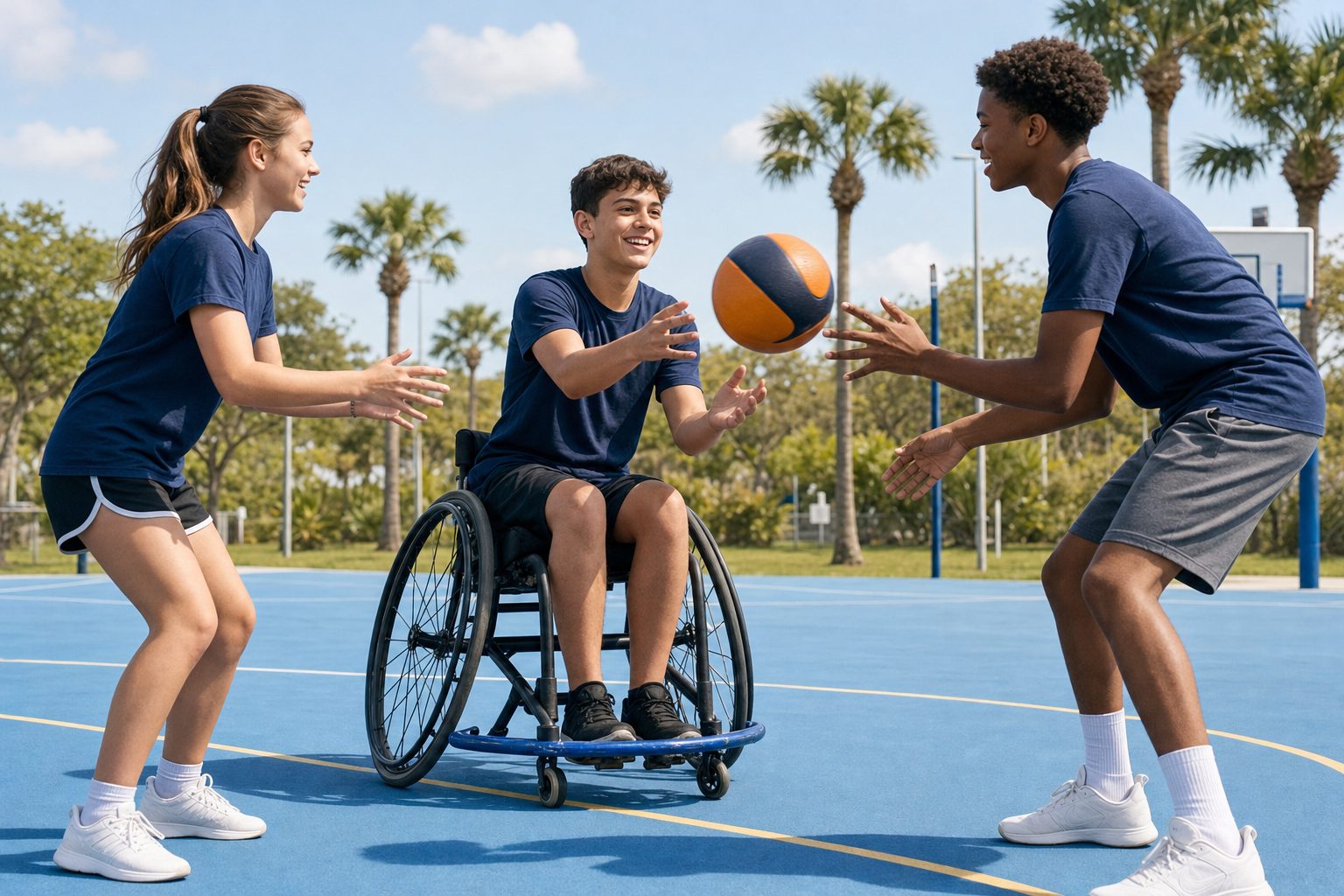 Illustrative scene of young people including a wheelchair user playing a ball game together