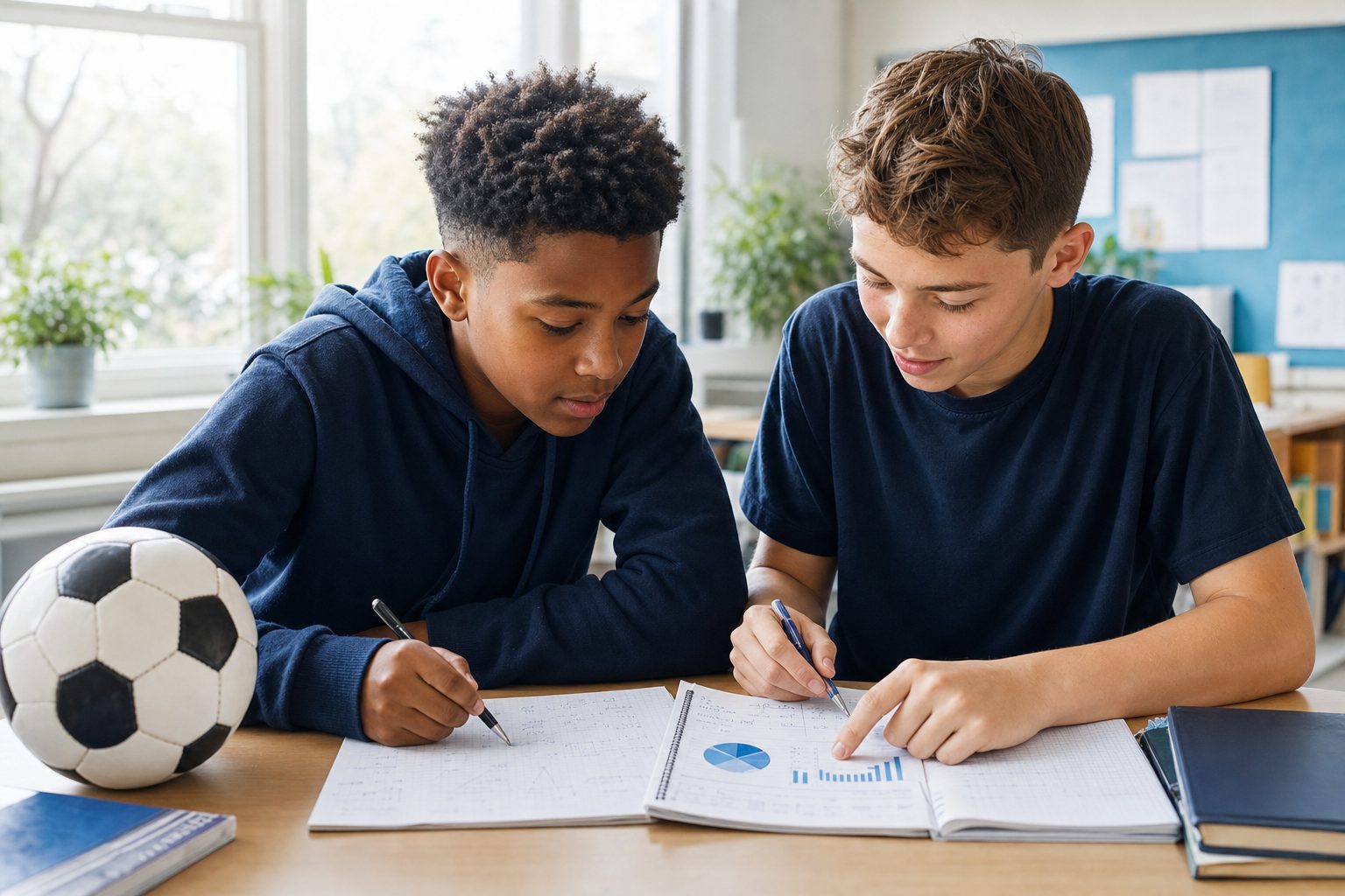 Illustrative scene of students exploring sports statistics together in a classroom