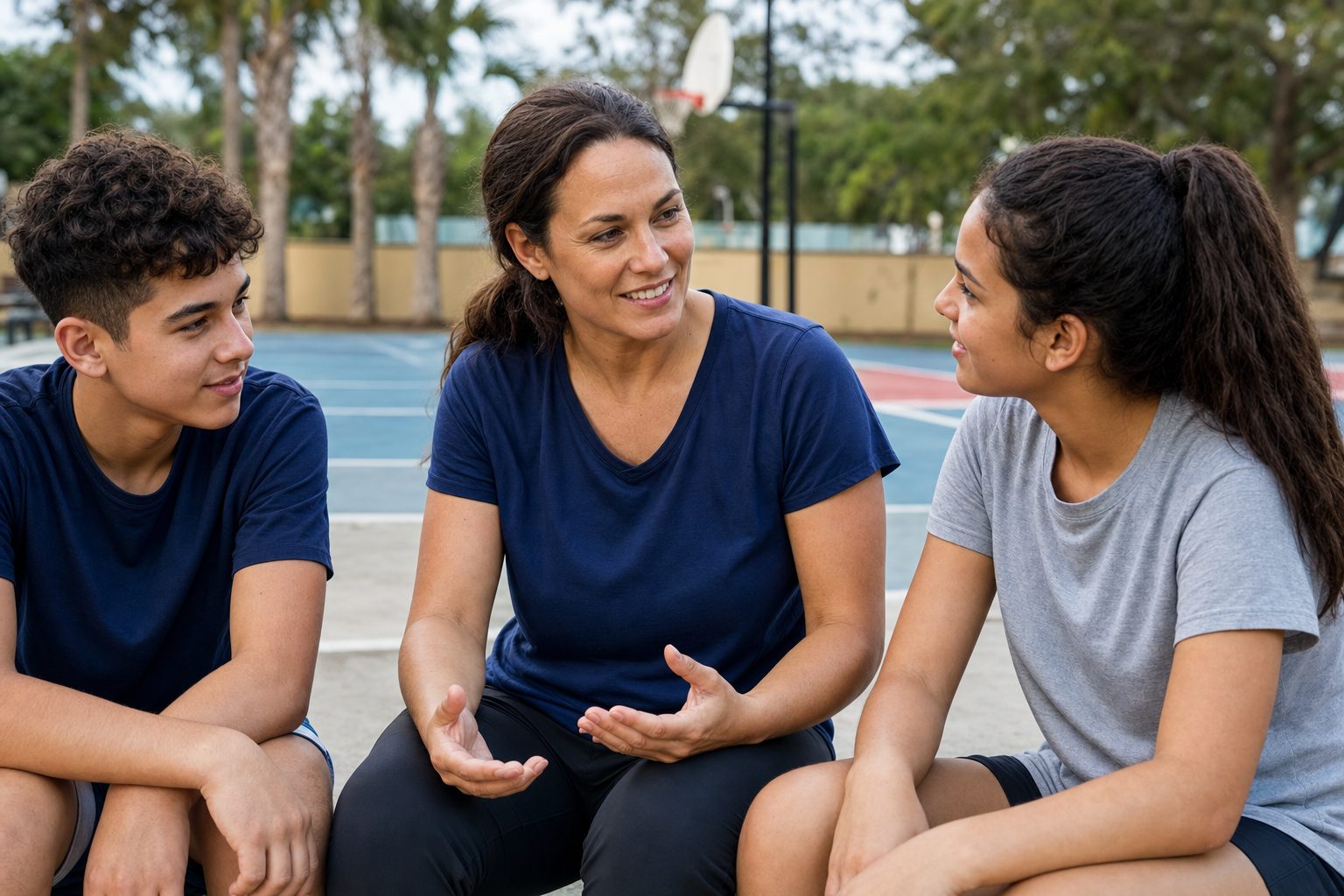 Illustrative scene of a youth mentor talking with two teenagers at a sports court