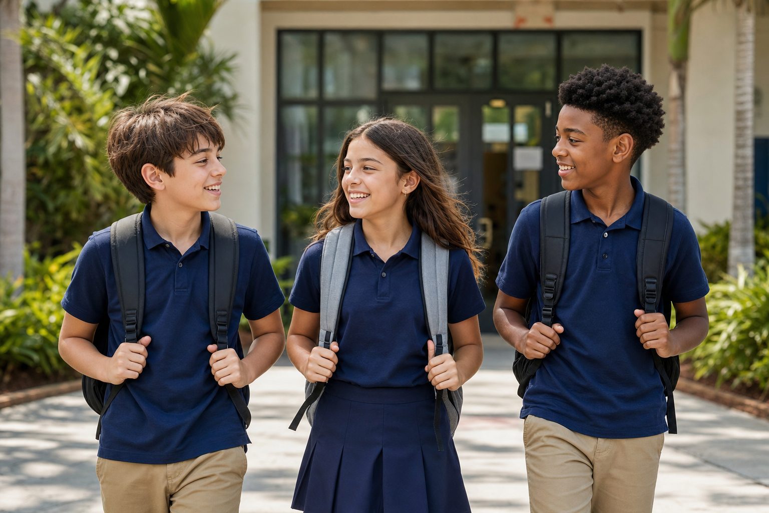 Illustrative scene of students arriving together at a new school