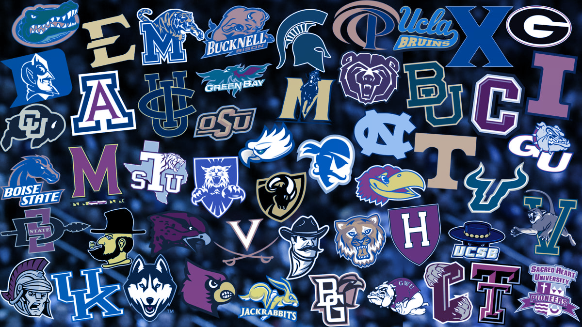 College athletics badges including Duke, UCLA, Harvard, Michigan State and South Florida