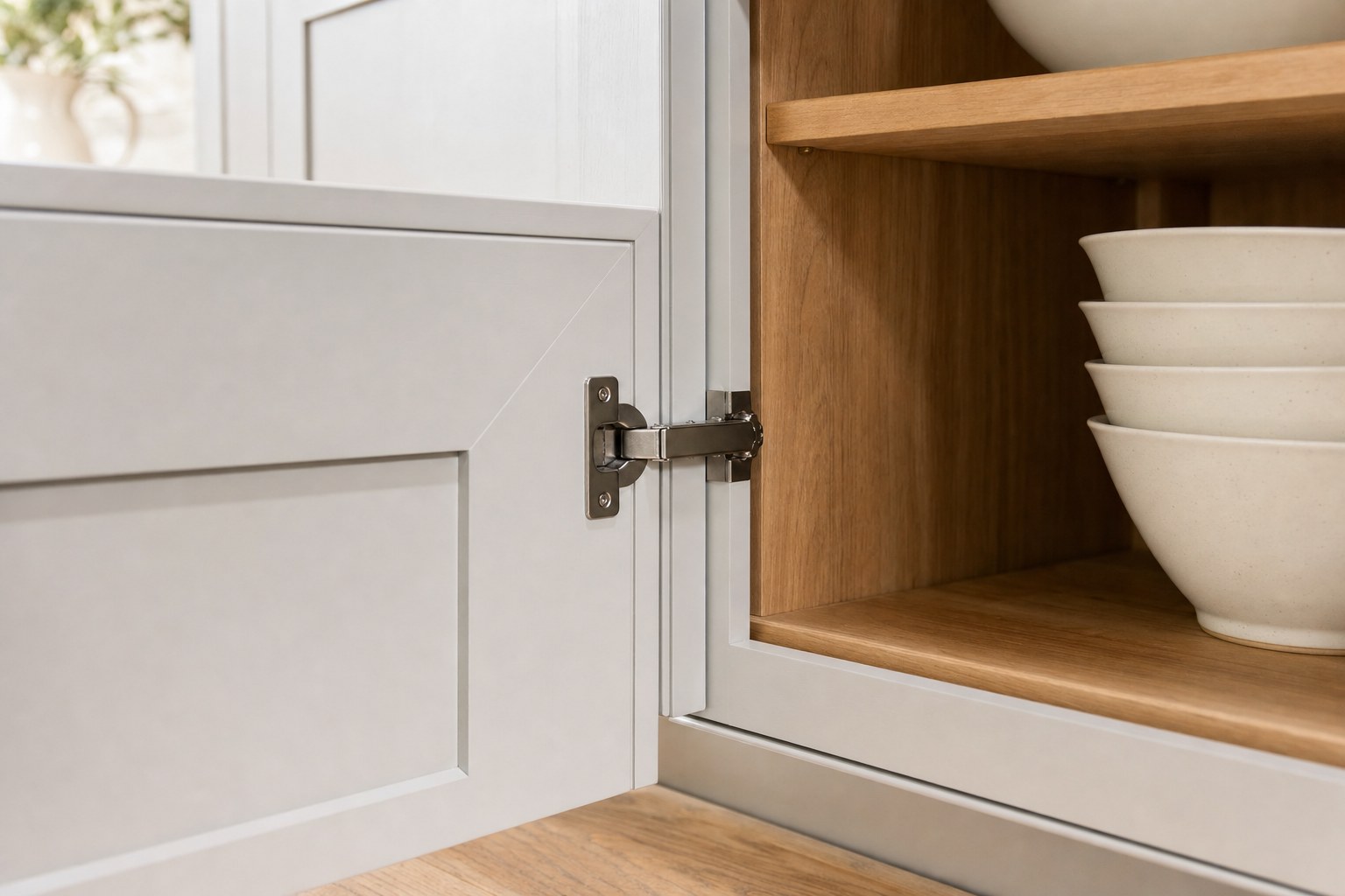 Concealed soft-close hinge on an open painted cabinet door