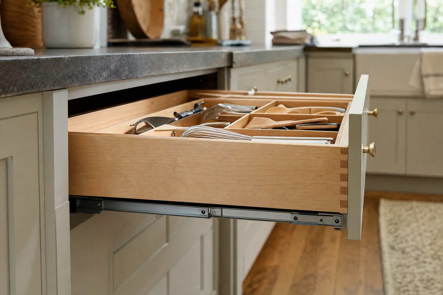 Open maple kitchen drawer with organized utensils and visible drawer runners