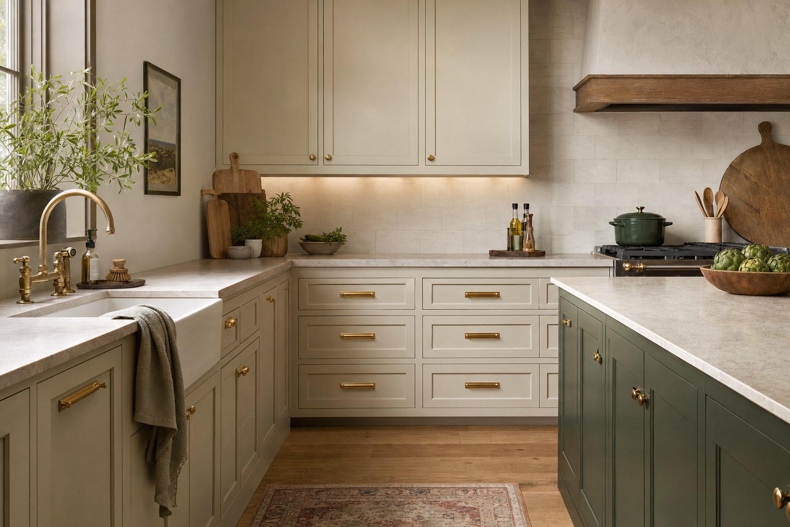 Warm kitchen with painted cabinetry and aged brass pulls