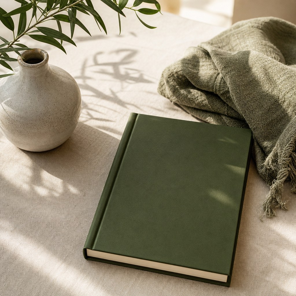 Blank green journal beside a ceramic vase and woven linen in warm sunlight