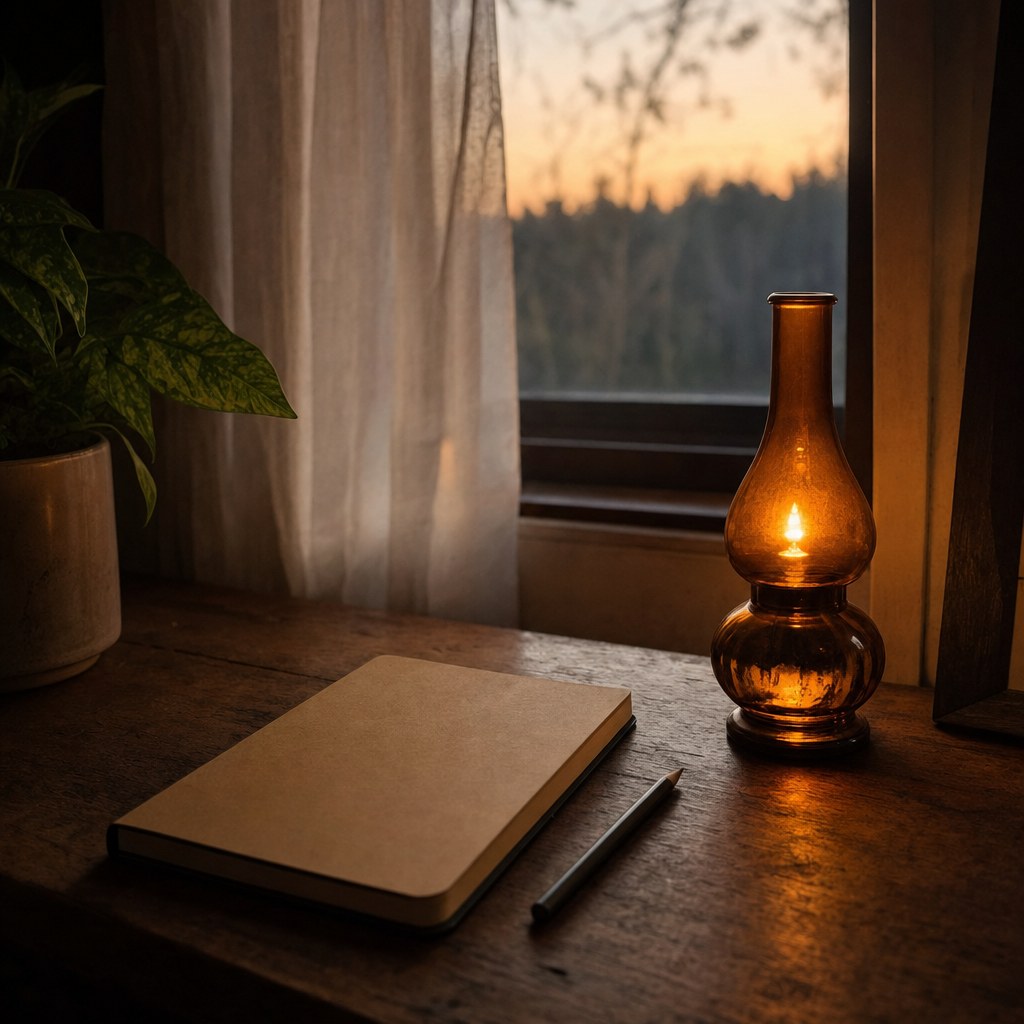 Blank notebook, pencil, and amber lamp on a desk at dusk