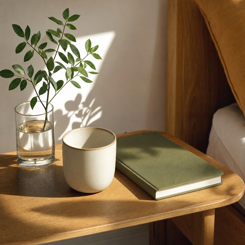 Ceramic cup and green journal on a sunlit bedside table