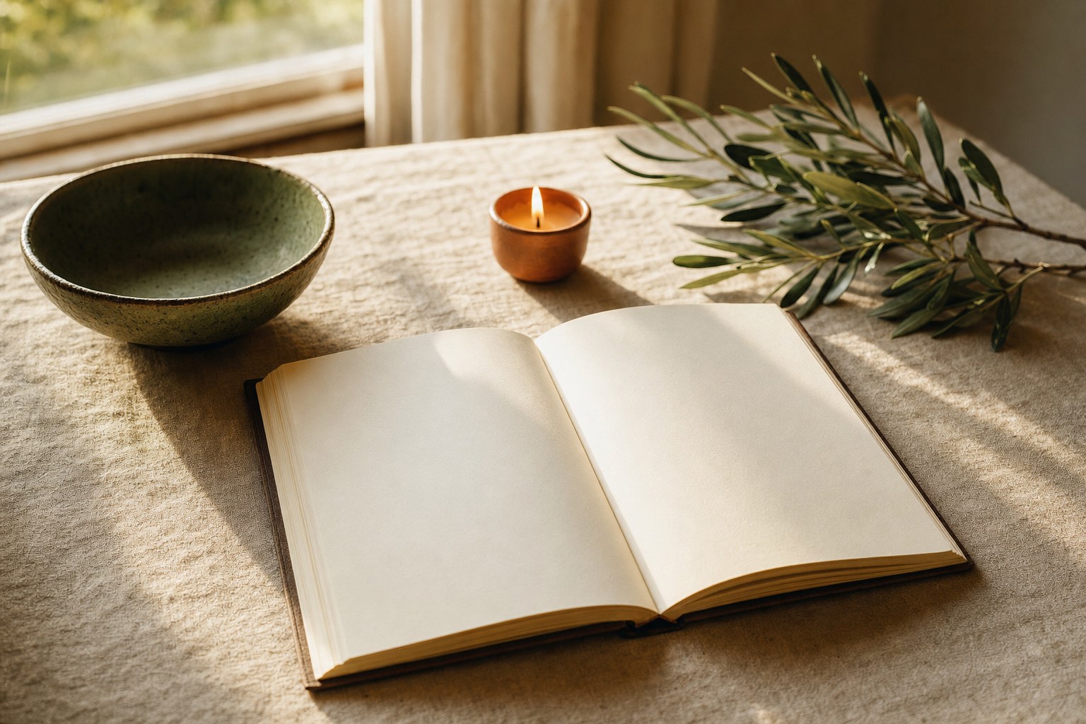 Open blank journal, ceramic bowl, candle, and greenery on linen near a window