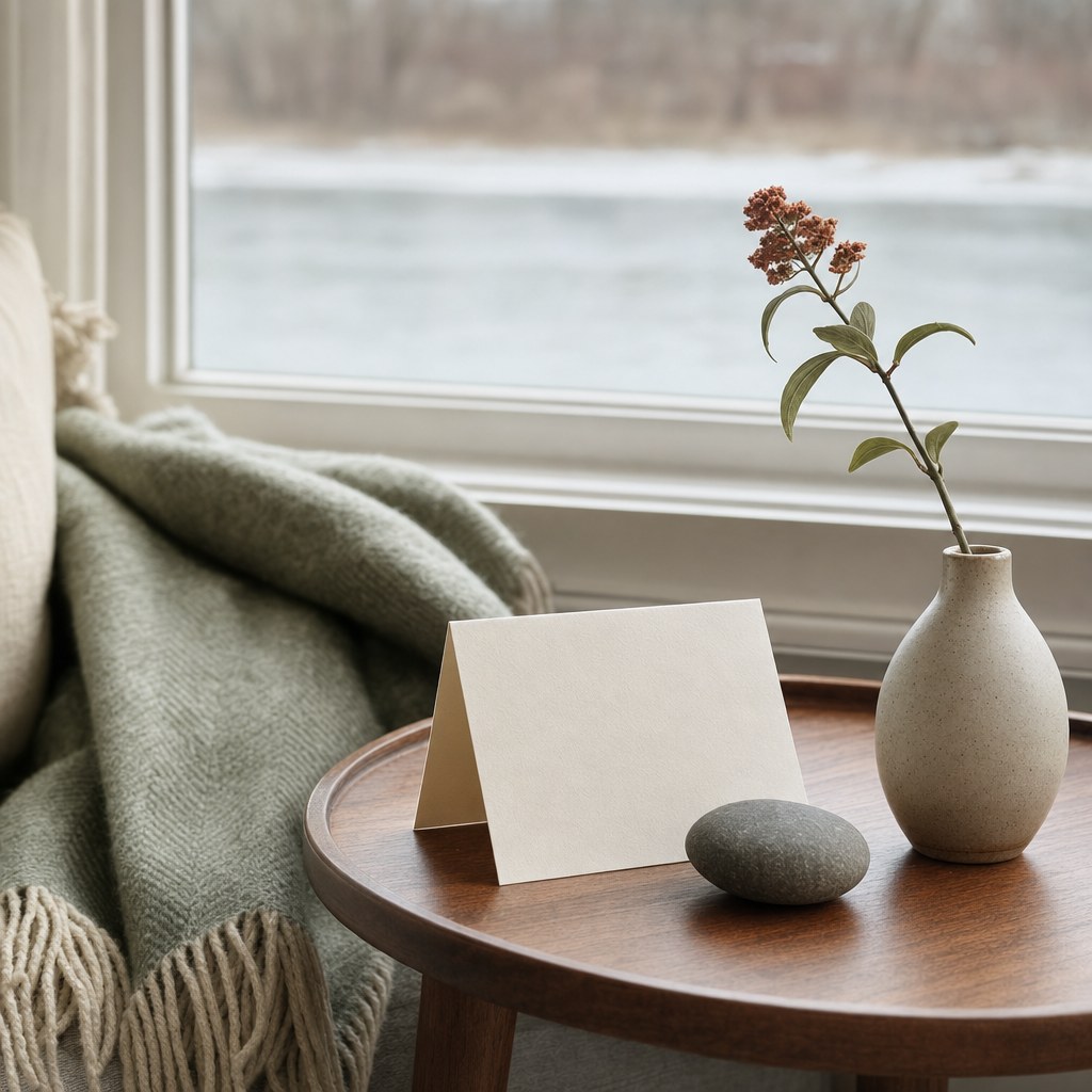 Blank folded note card and small vase on a table by a window