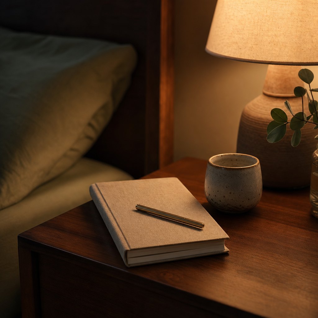 Closed linen journal, pen, and ceramic cup on a softly lit bedside table