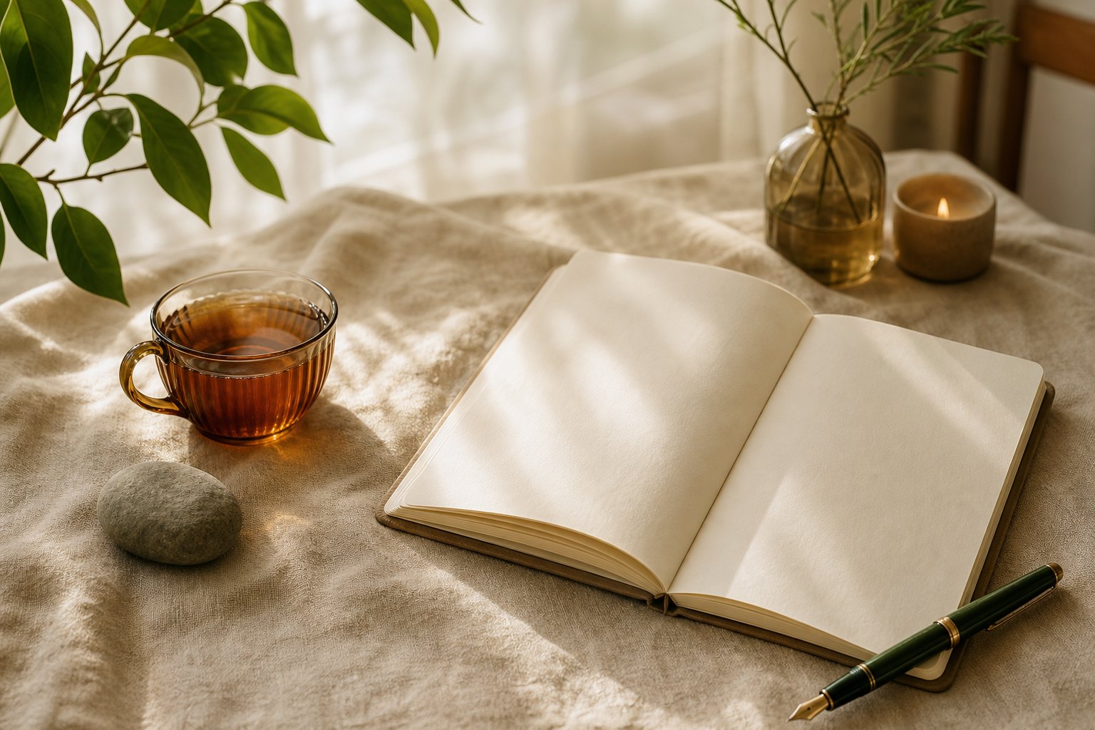 Open blank journal, green pen, tea cup, and small stone on linen in morning light