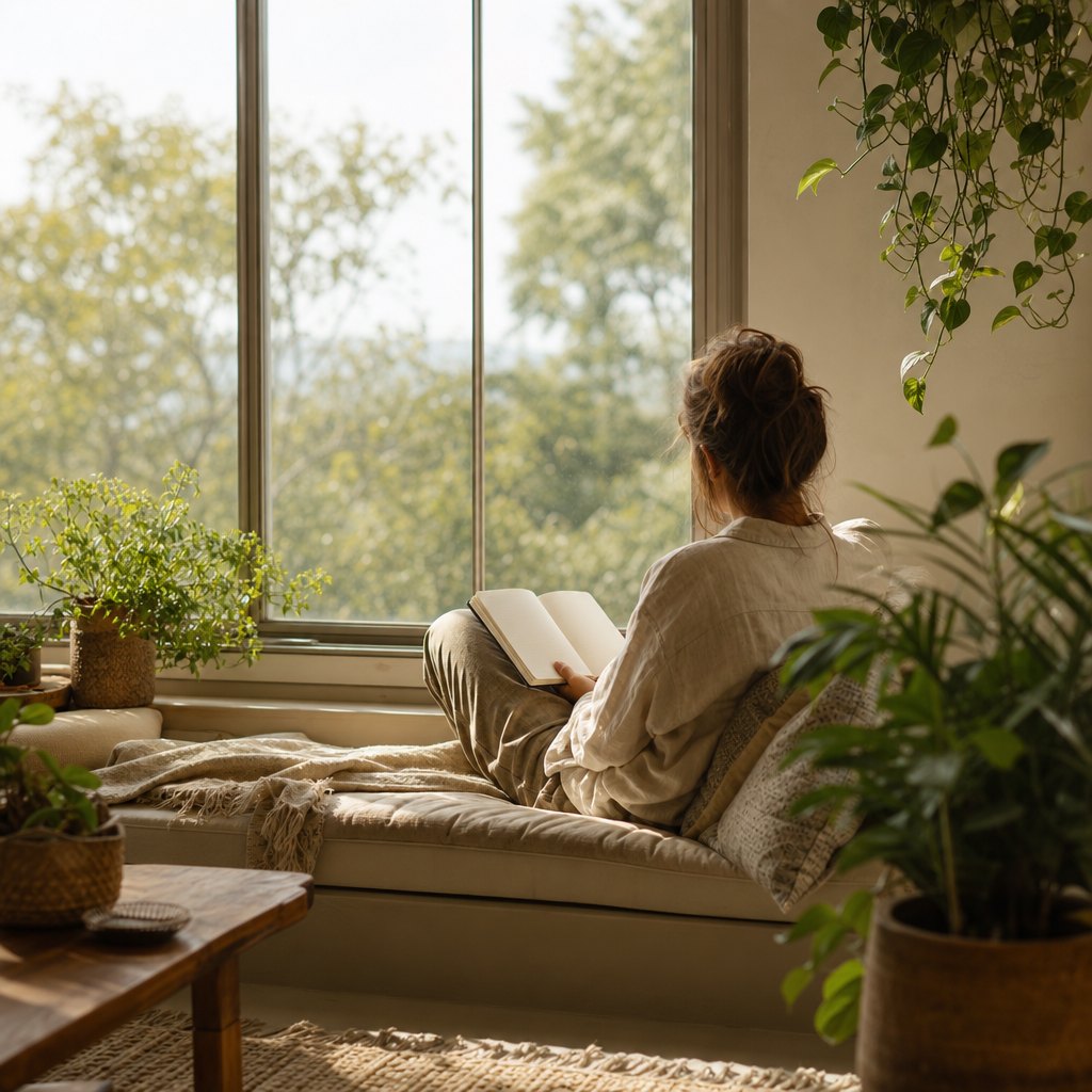 Person sitting by a window with an open journal in their lap