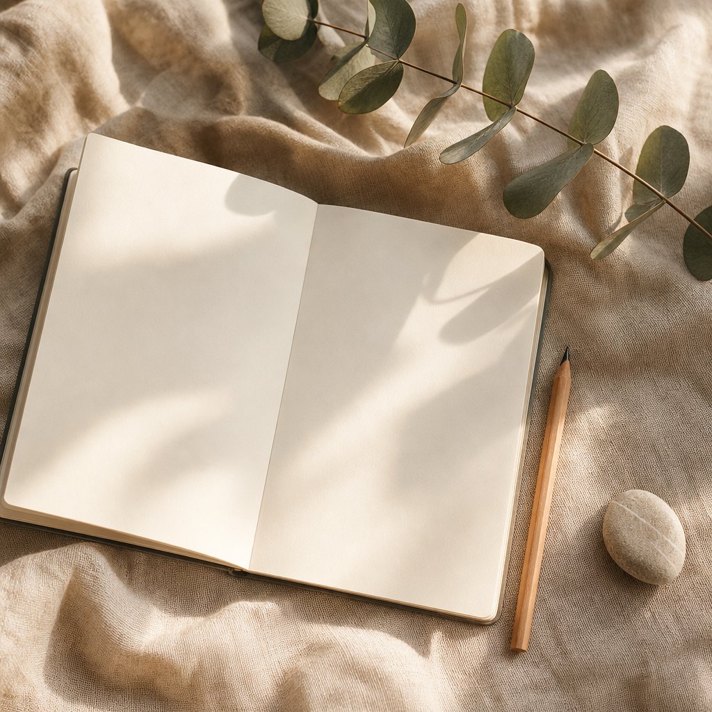Open journal with pencil, smooth stone, and eucalyptus on warm linen