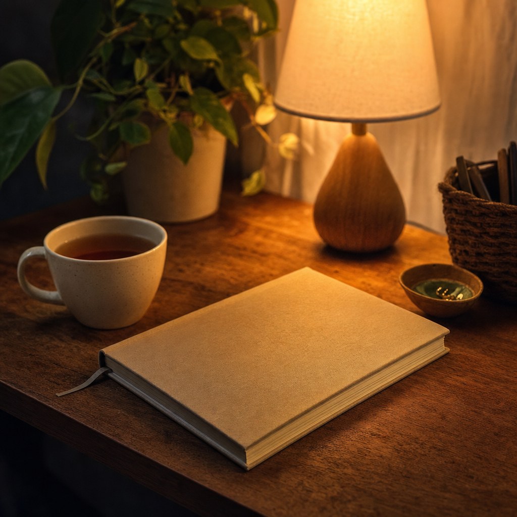 Closed journal, cup of tea, and warm lamp on an evening desk