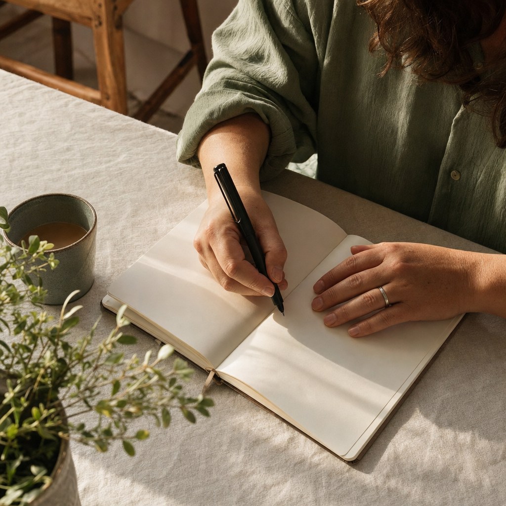 Person writing in a blank journal at a sunlit table