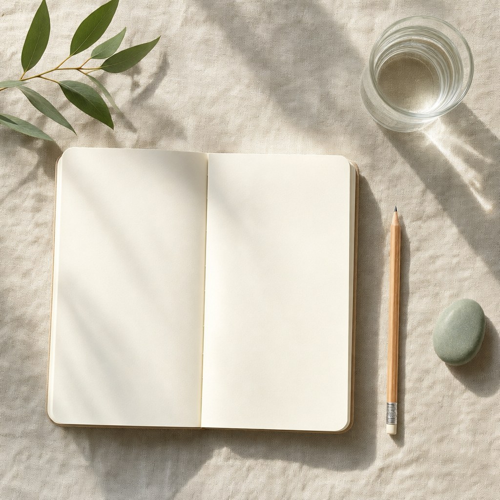 Open blank notebook beside a pencil, green stone, and glass of water