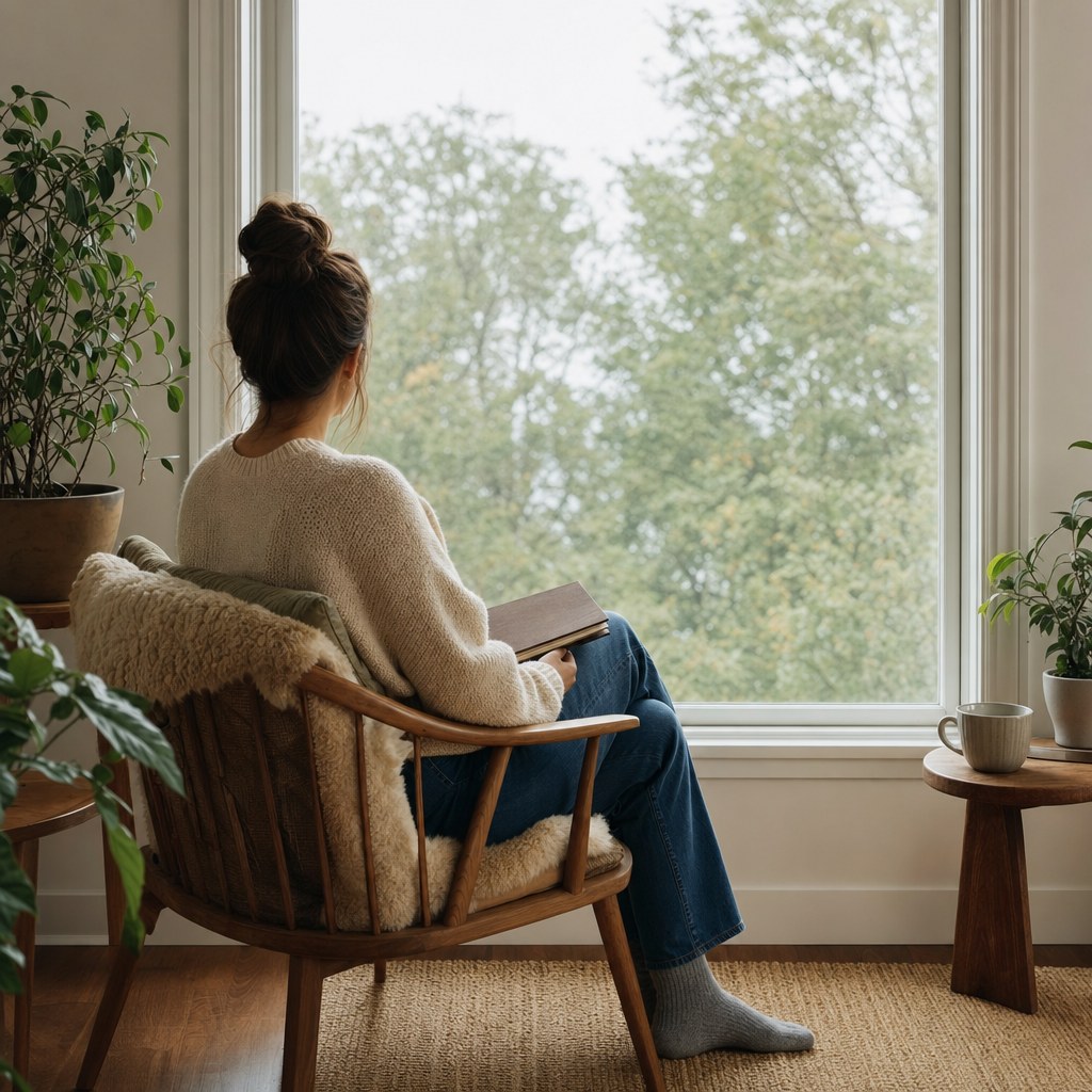 Person sitting by a large window with a journal in their lap