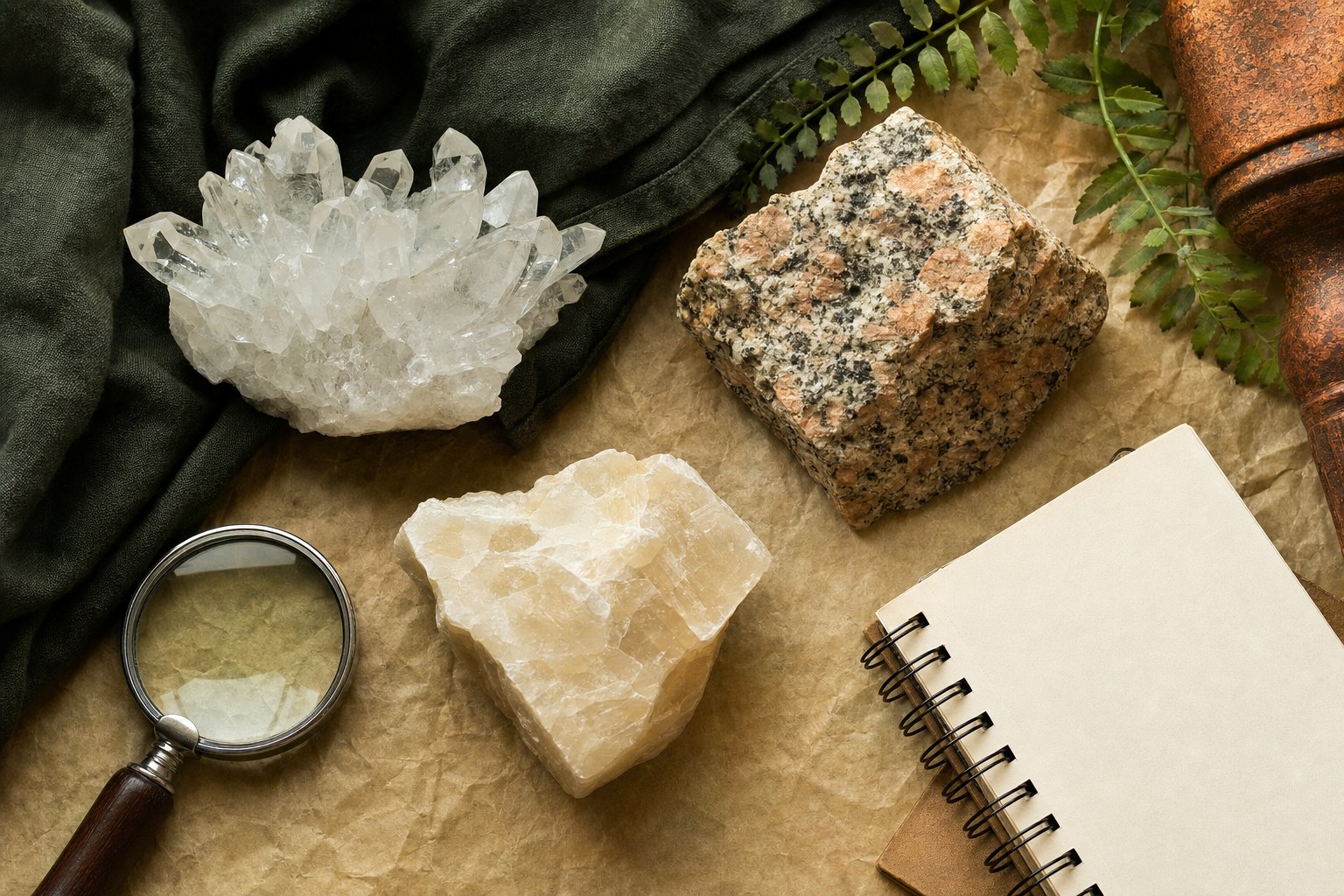 A beginner rock and mineral collection with quartz, granite, calcite, a hand lens, and a field notebook