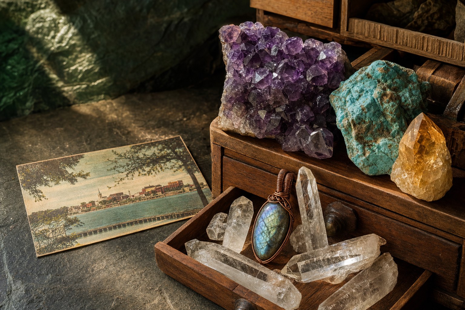 Amethyst, turquoise, citrine, quartz, and a handmade wire-wrapped pendant arranged in specimen drawers
