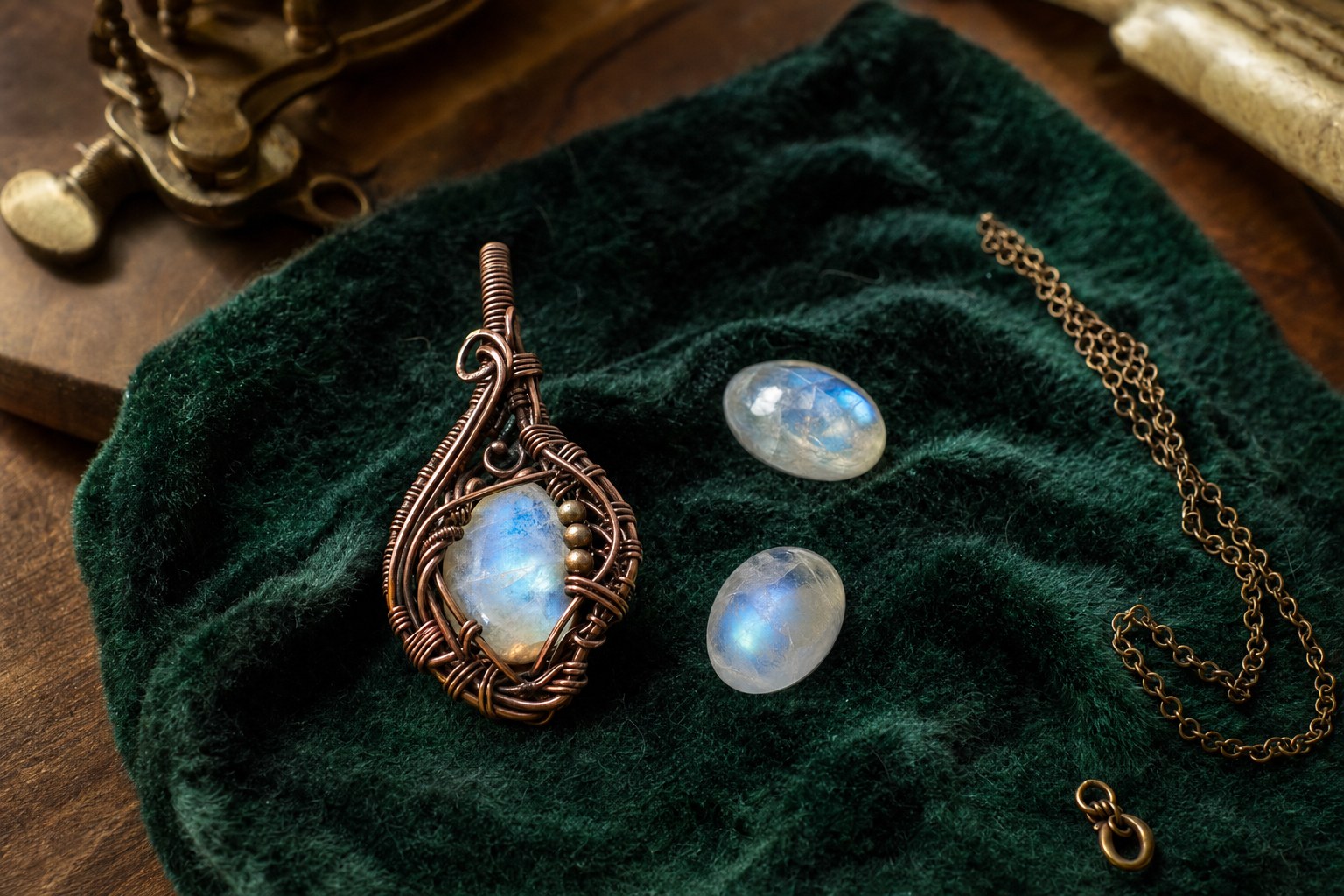 Handcrafted moonstone pendant and polished stones on dark green velvet