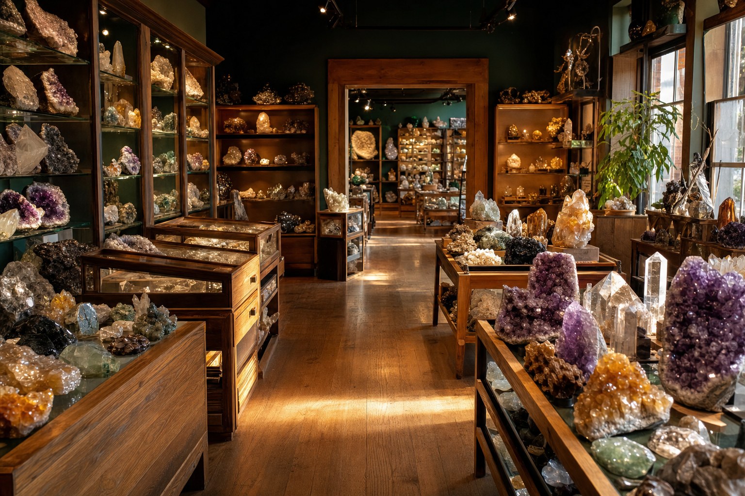 Warm independent mineral shop interior with wooden cases and specimen displays