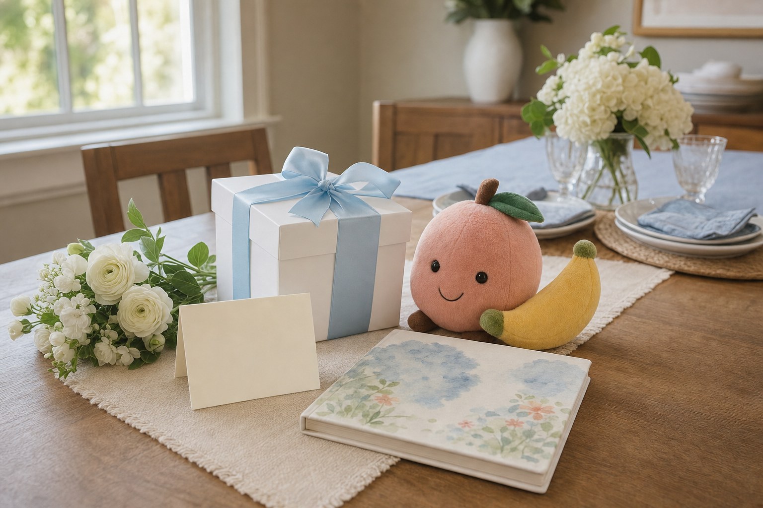 White baptism gift box with blue ribbon, children's book, plush fruit toys, flowers, and a blank card on a table