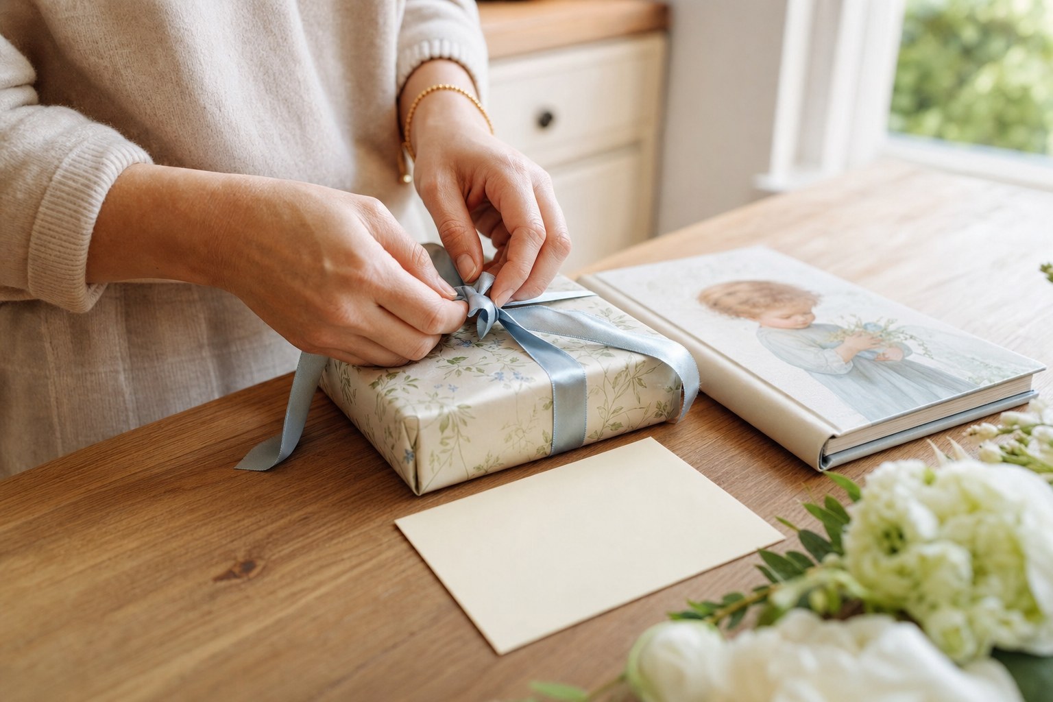 Adult hands tying a blue ribbon around a wrapped baptism gift beside a children's book and blank card